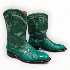 EDUARDO Vtg Women Green Eel Leather Western Roper Boots 7.5M